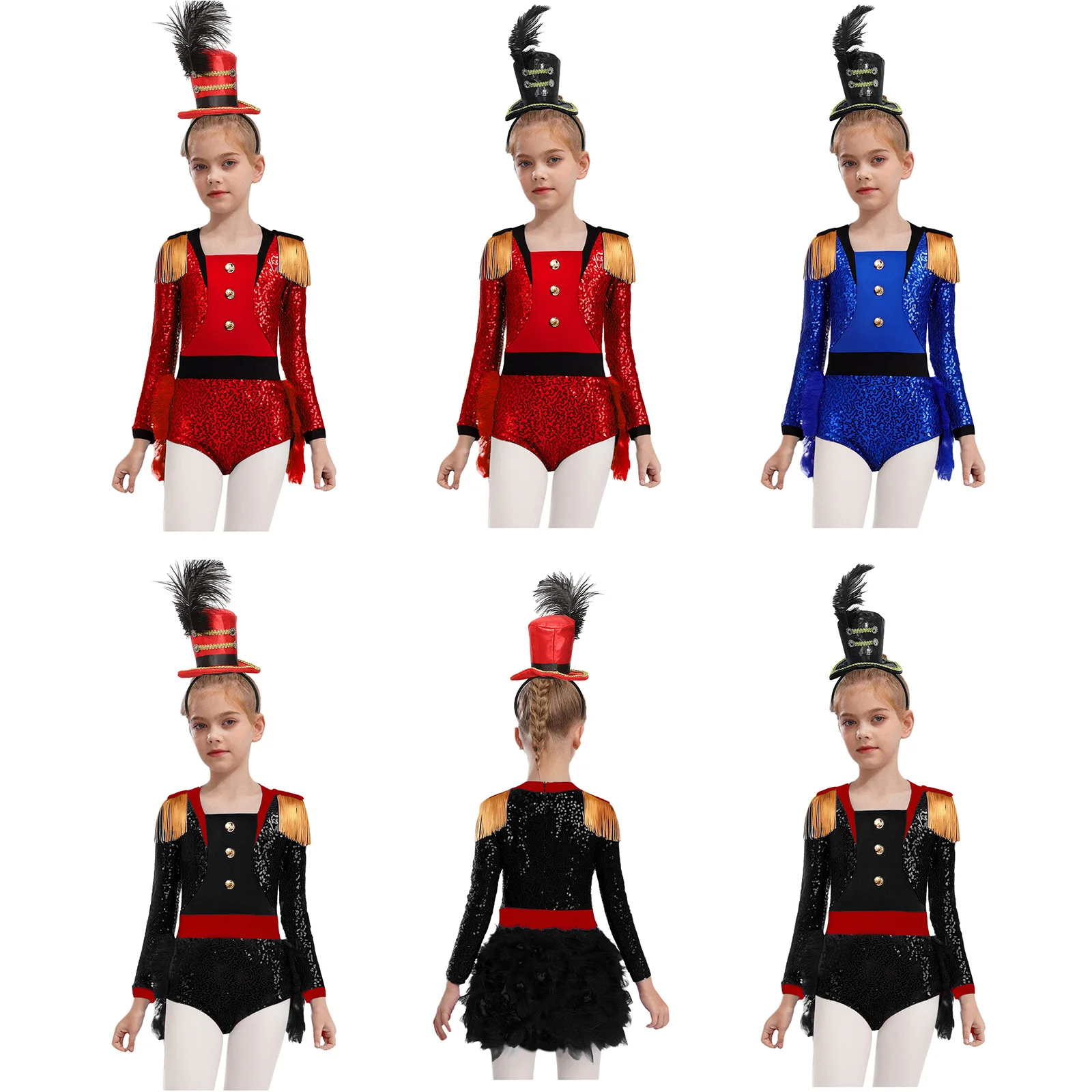 Costume da circo per bambina, direttore di circo, costume da Halloween, body da festa, manica lunga, piumato, tuta e cappello, carnevale