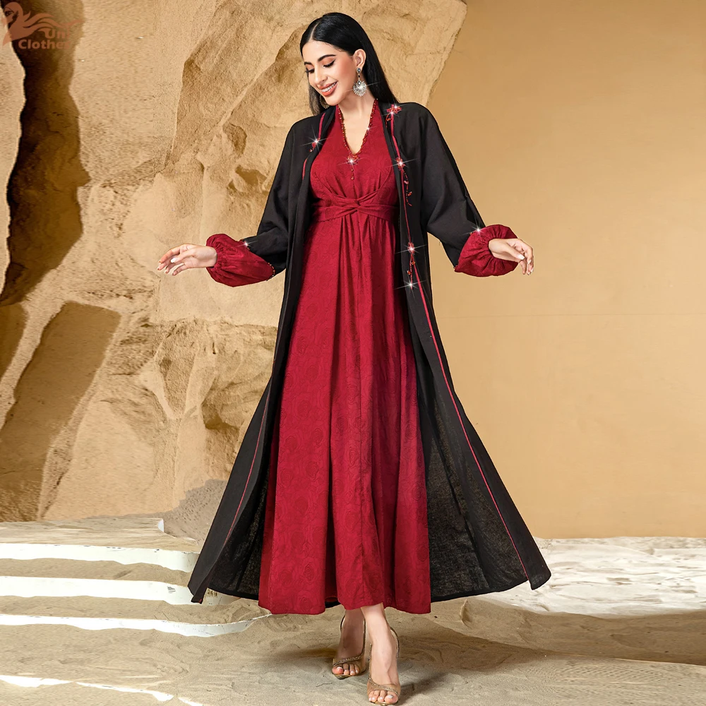 

Dubai Luxury Black Cardigan Red Dress Set Muslim Women Kimono Open Abaya Turkey Kaftan Eid Djellaba Ramadan Islam Jalabiya Robe