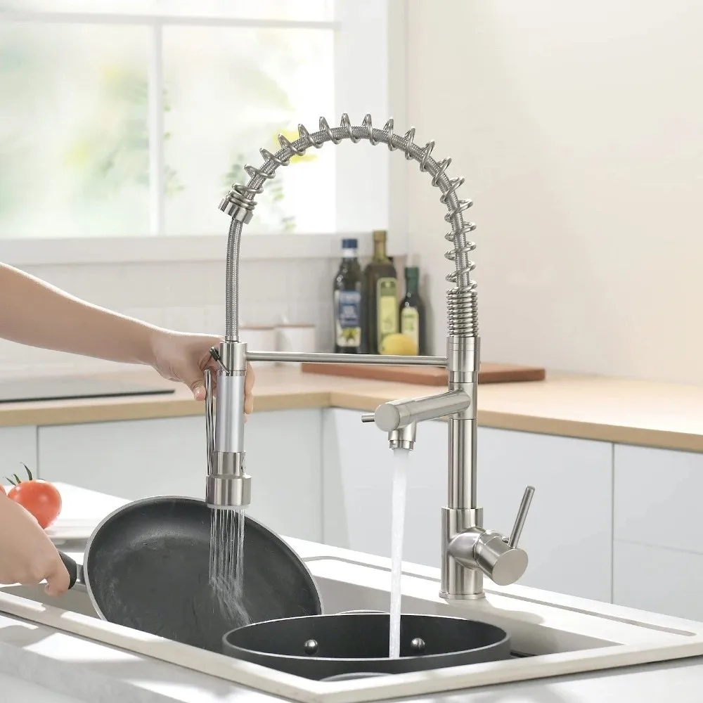 Double Output Kitchen Spring Faucet High Pressure 360° Rotating Sink Faucet Vertical/wall Mounted Stainless Hot/Cold Faucets