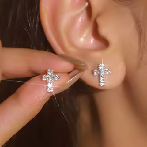 Silver Color Mini Rhinestone Cartilage Piercing Cross Stud Earrings for Women Girl Zircon Earring Jewelry Statement