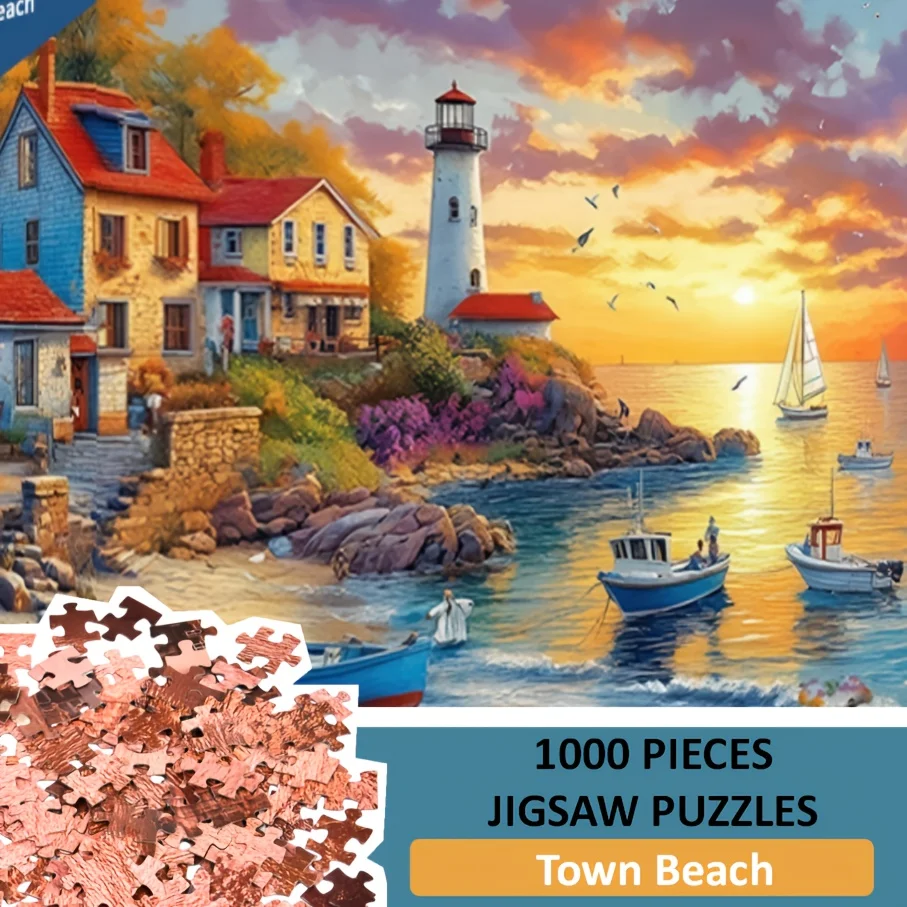 [ألوان زاهية، لغز الصور المقطوعة] لغز صور مقطوعة مثير للتحدي بألوان زاهية - لوحة شاطئية لبلدة ساحلية مع منارة وقارب