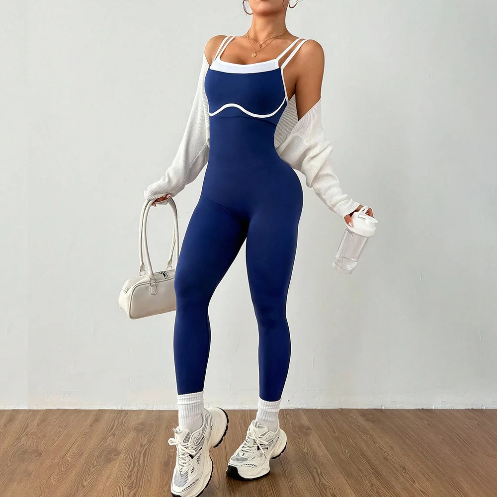 Women Contrast Trim Spaghetti Yoga Jumpsuit Backless Fitness Bodysuit Gym Workout One Piece Leggings Athletic Romper Sportswear