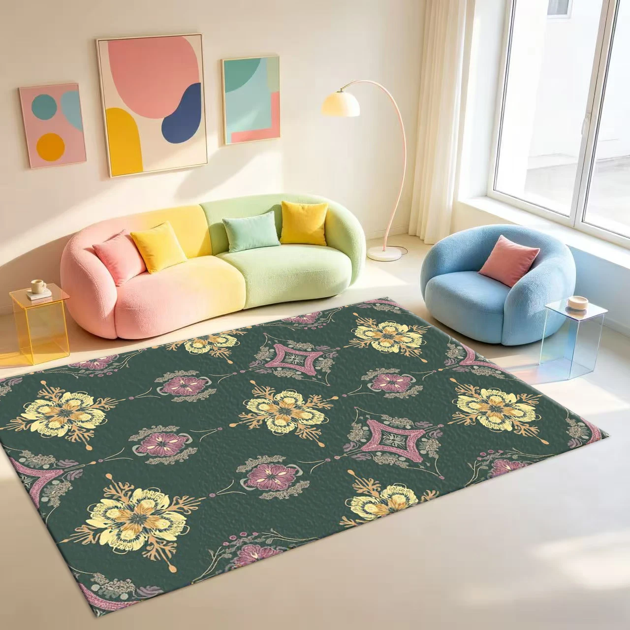 Vintage Dark Green Ornate Floral Medallion Carpet Flooring Retro European Botanical Area Rug For Home Indoor Floor Decoration