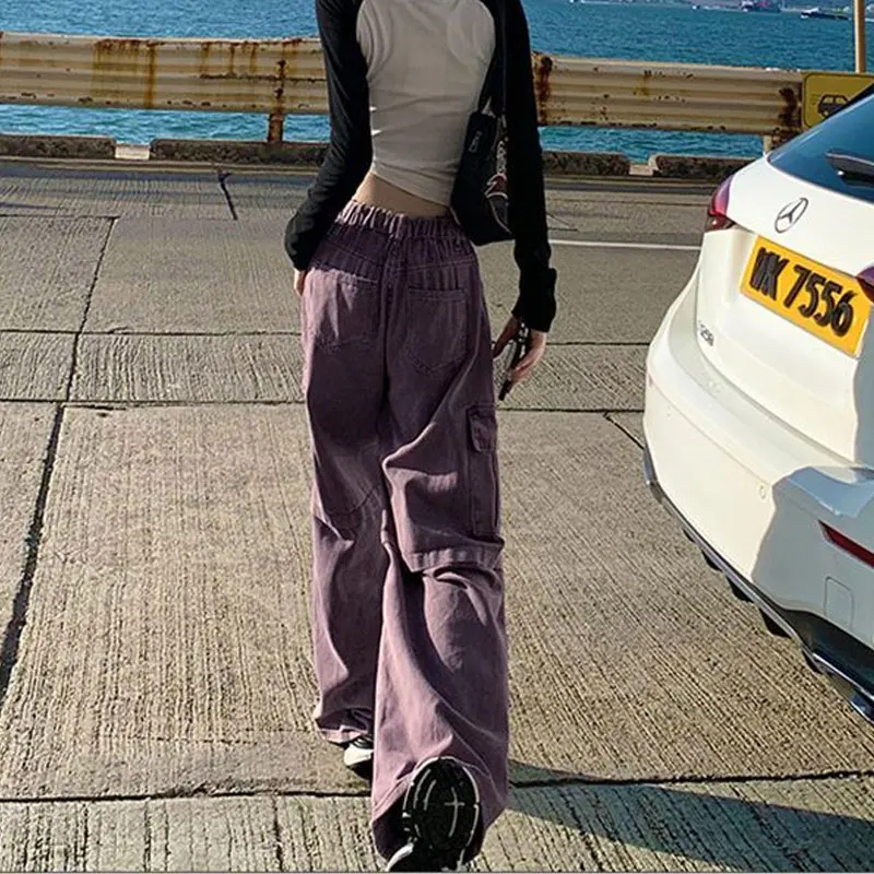 High Street Pockets Spliced Loose Trousers Female Clothing High Waist Cargo Pants American Wide Leg Safari Style Casual Jeans