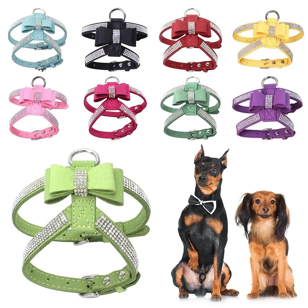 Bling Rhinestone Dog Harness PU Leather Walking Lead Pet Dog Harness Dog Chest Strap Training Protective Dog Chest Vest