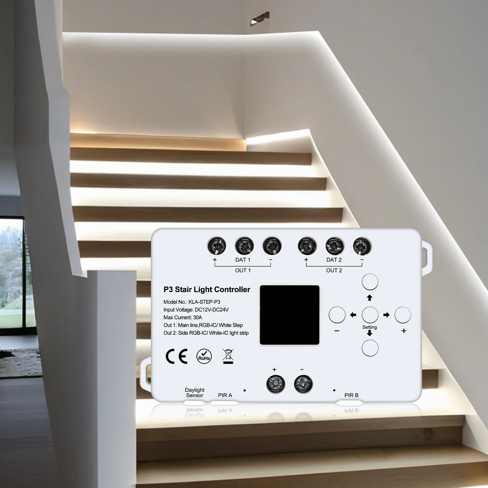 Imagem -02 - Pir Motion Sensor Led Stair Light Daylight Sensor 2ch Pixel Strip Light Fácil Instalação Suporte Step e Side Stair Lighting