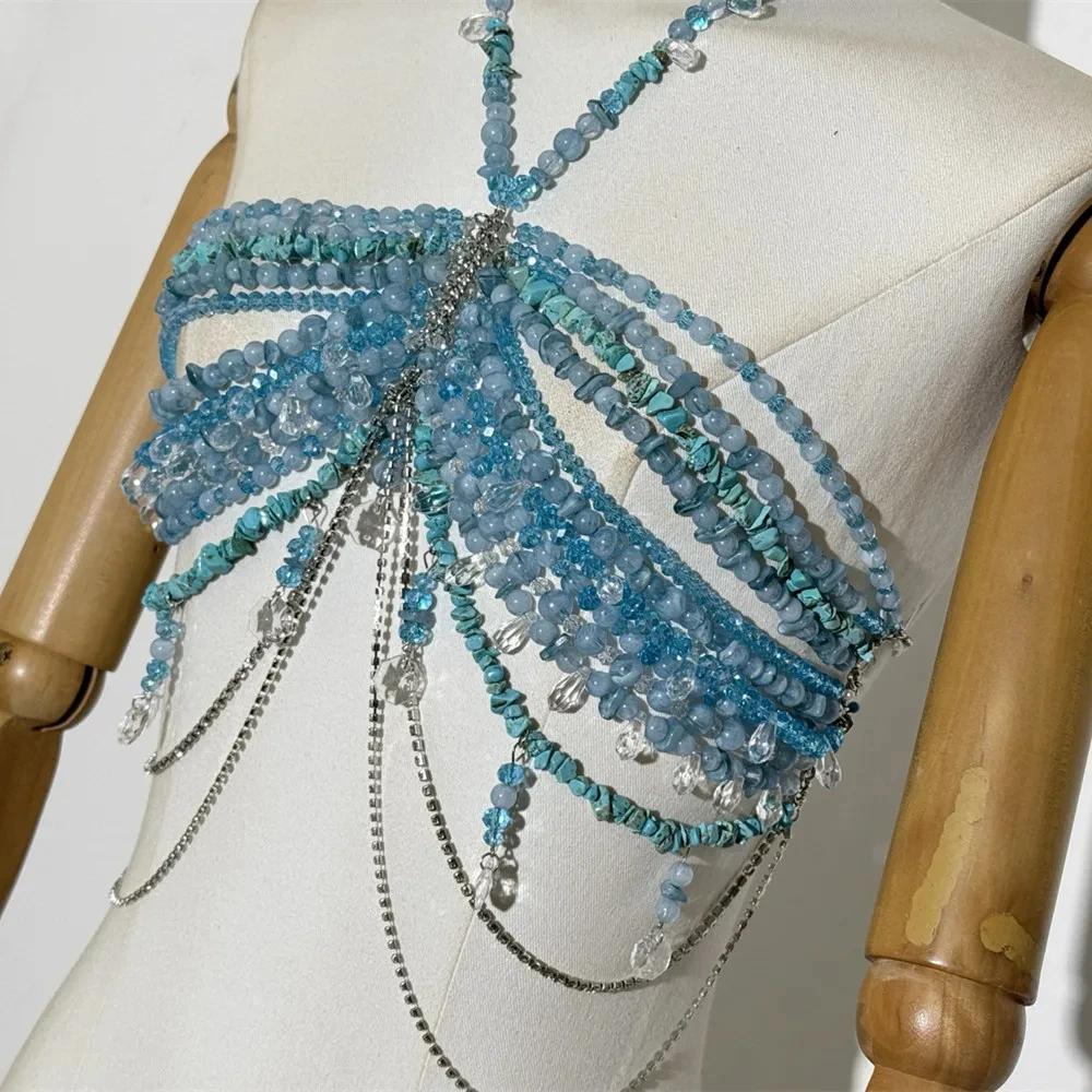 2025 New Handmade Beaded Bra Backless Hanging Neck Sexy Corset Body Chain, Hollowed Out Body Chain Fake Day Beachwear.