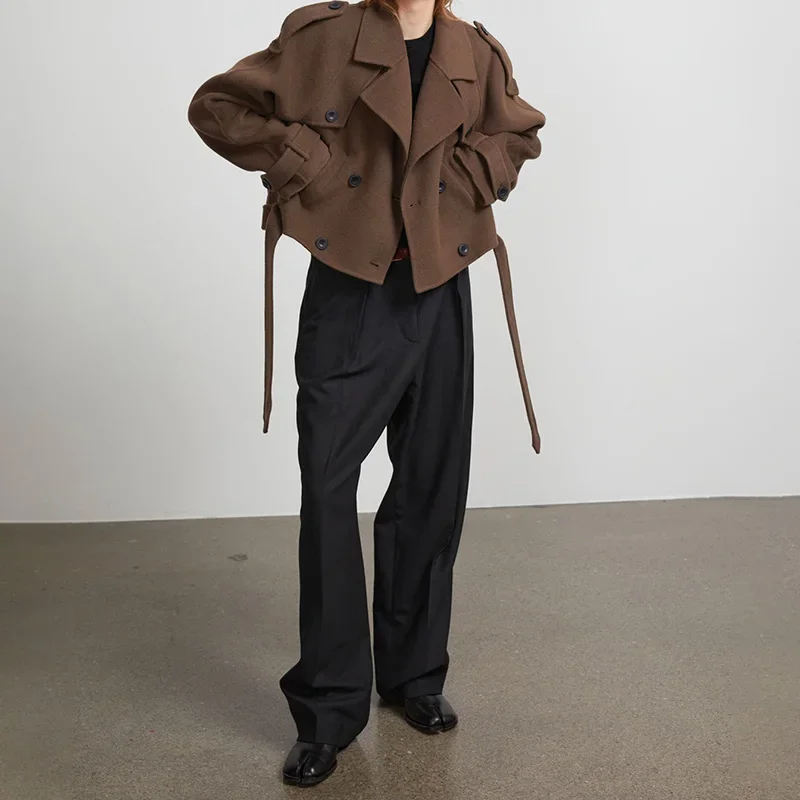 Autumn Brown Retro Woolen Coat Turn-down Collar Casual Jacket New Fashion Slim Fit Woolen Coat 2024 High Street Lady Outerwear