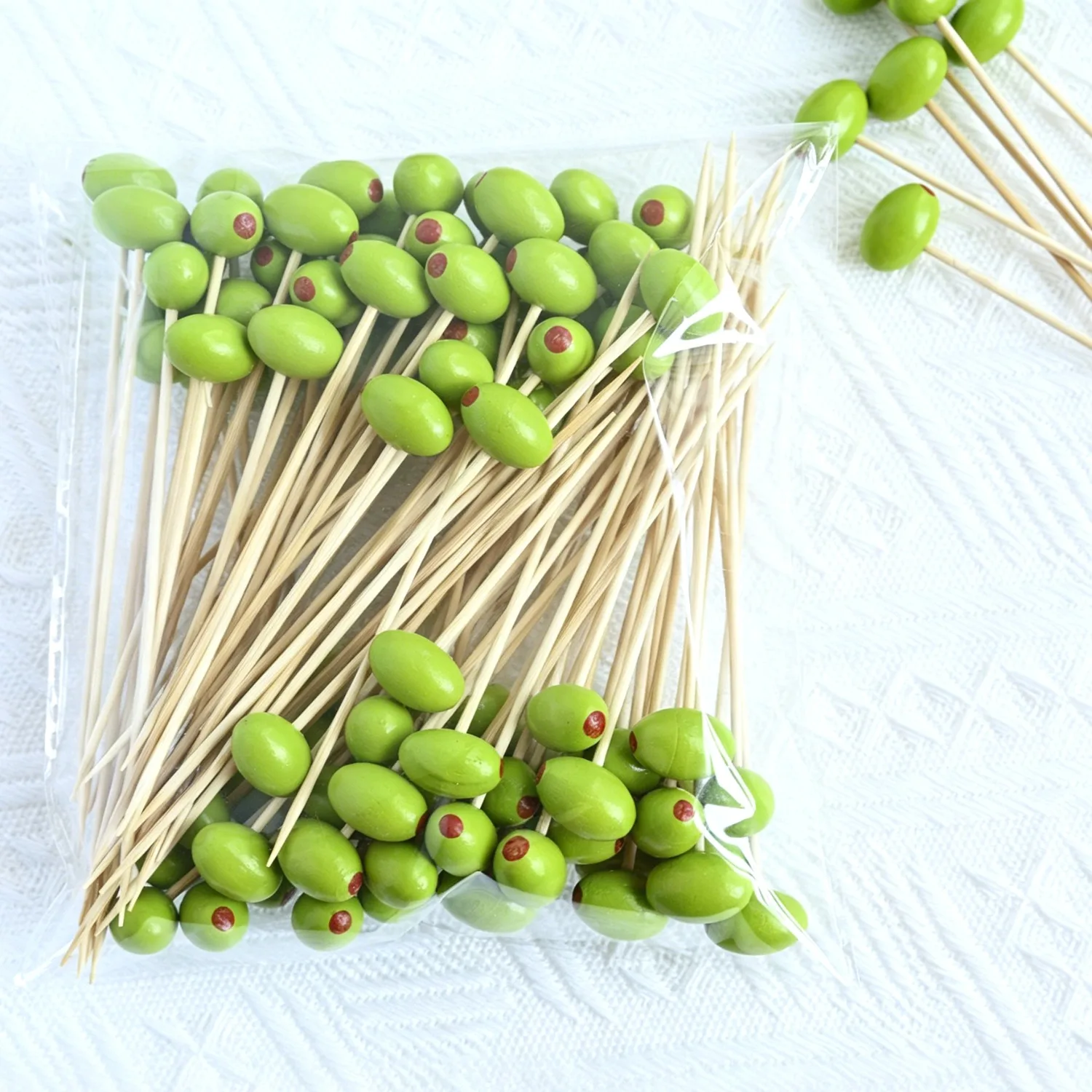 Olive Cocktail Picks, 3D Wooden Olive Bamboo Toothpicks for Appetizers, Fruit, Cake, BBQ, Christmas Birthday Party Buffet Decor
