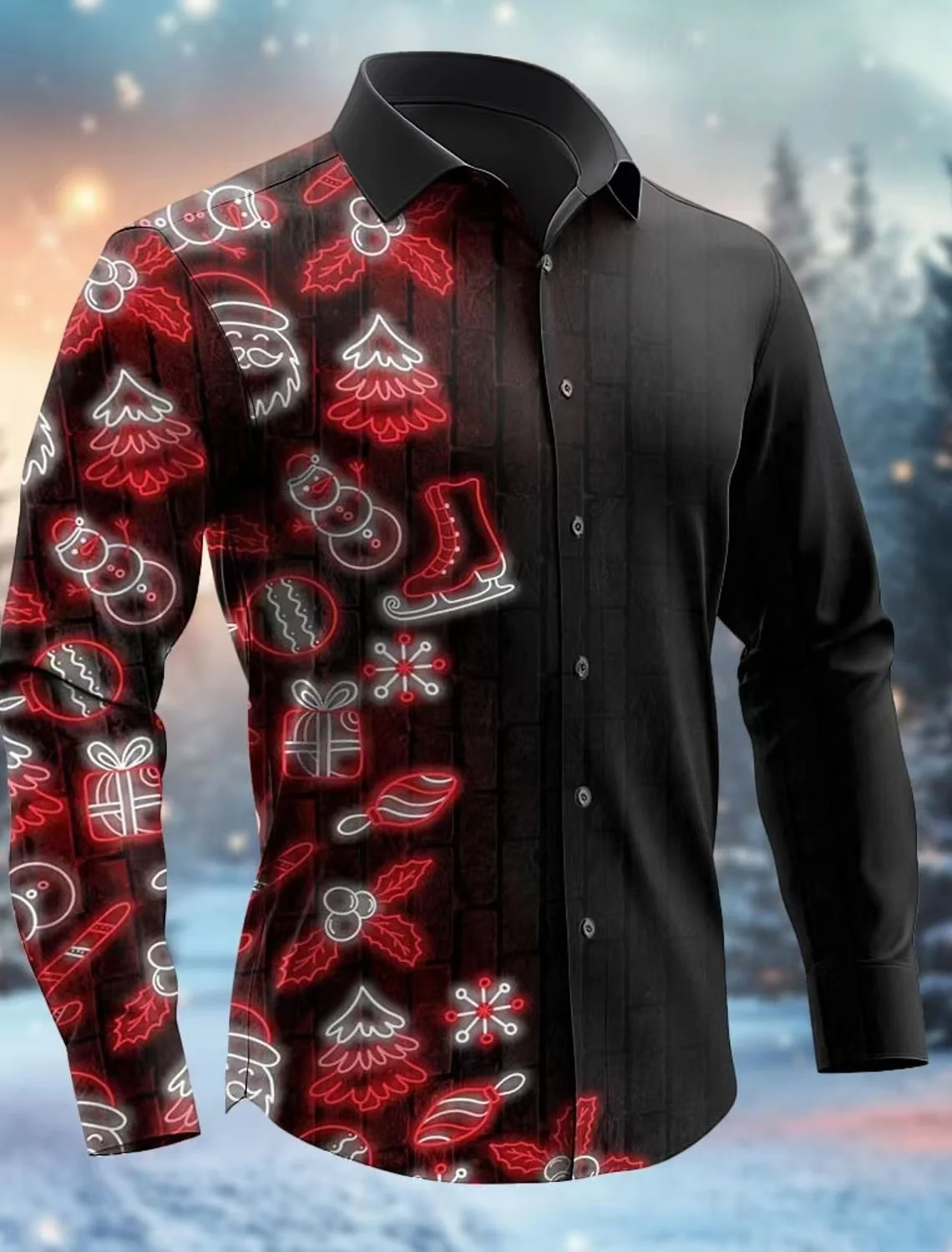 

2026 New Men's 3D Printed Formal Shirt, Christmas Snowflake Pattern, Lapel Long-Sleeve Shirt, Stylish Men's Shirt