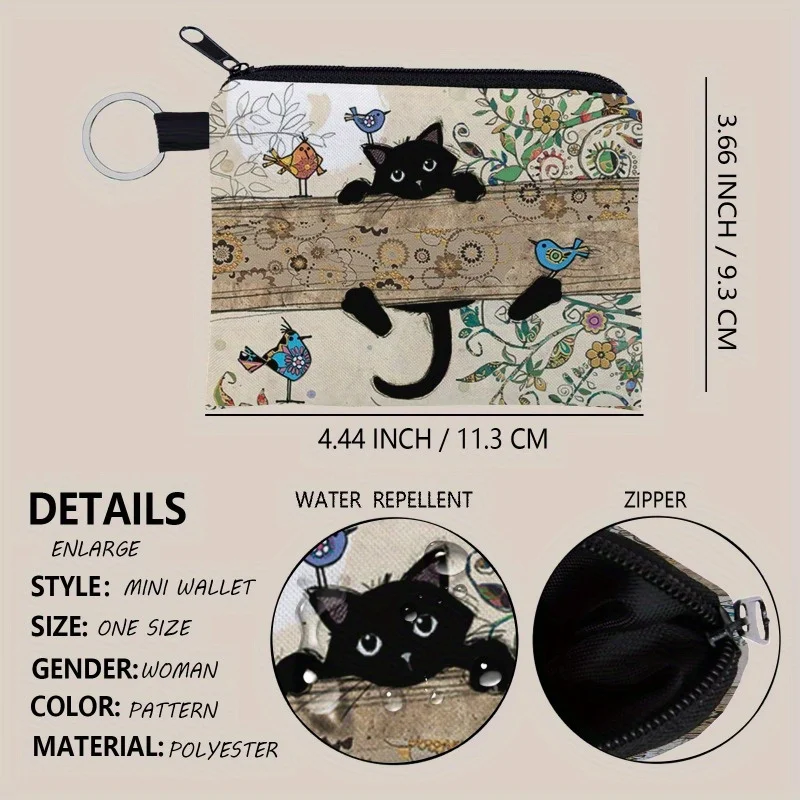 1 pc Chic Bag with Zipper -Cute Cat Print Pattern, Coin Purse Portable Keychain Coin Bag Lightweight, Foldable Travel Pouch