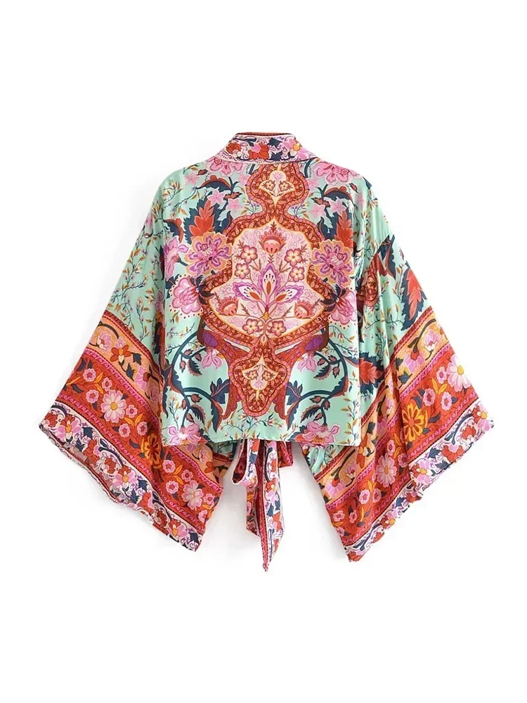 Women Summer Beach Vacation Smock Fashion Loose Print V Neck Batwing Sleeves Robe Lady Boho Bikini Cover Ups
