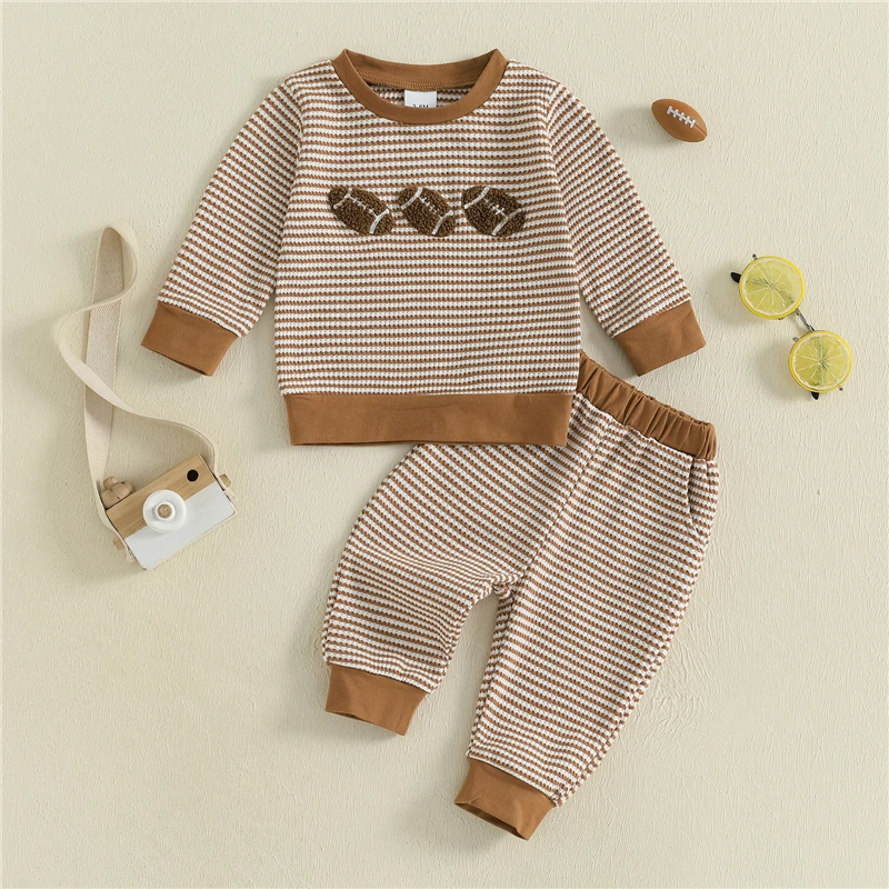 

Toddler Baby Boys Girls Clothes Football Outfit Rugby Striped Long Sleeve Sweatshirt Elastic Waist Jogger Pants 2 Piece Set