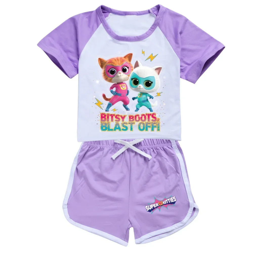 Kawaii Superkitties vêtements enfants Super chats T-shirt bébé filles été à manches courtes hauts Shorts 2 pièces ensembles garçons décontracté combinaisons de sport