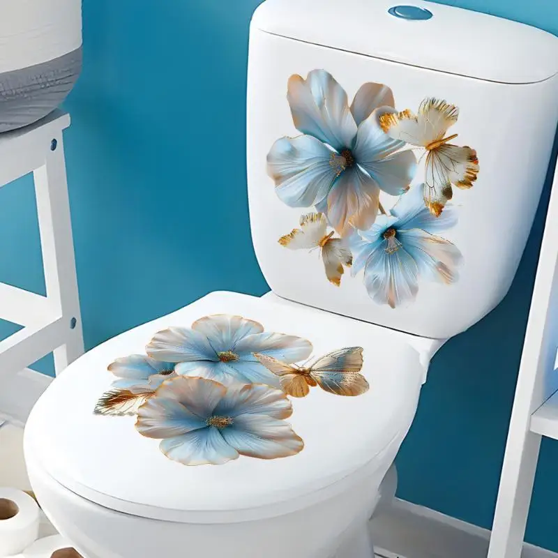 Blue And Gold Floral Butterfly Toilet: Sticker Bathroom Floor Decal Waterproof Anti-Slip Removable