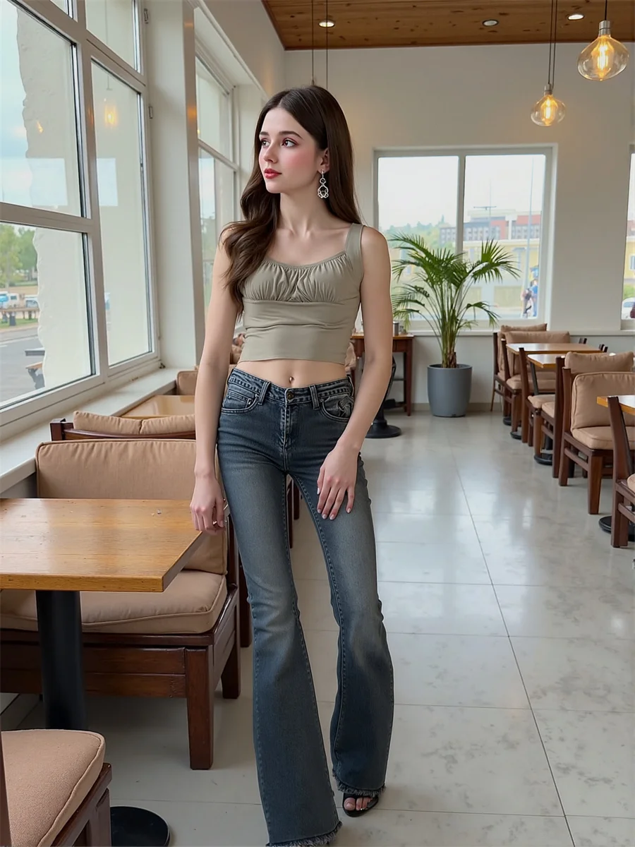 جينز نسائي منخفض الخصر Y2K قيعان جرس زرقاء للسيدات بنطال دينم عتيق ملابس خروج عصرية كورية للخريف غير رسمية #1