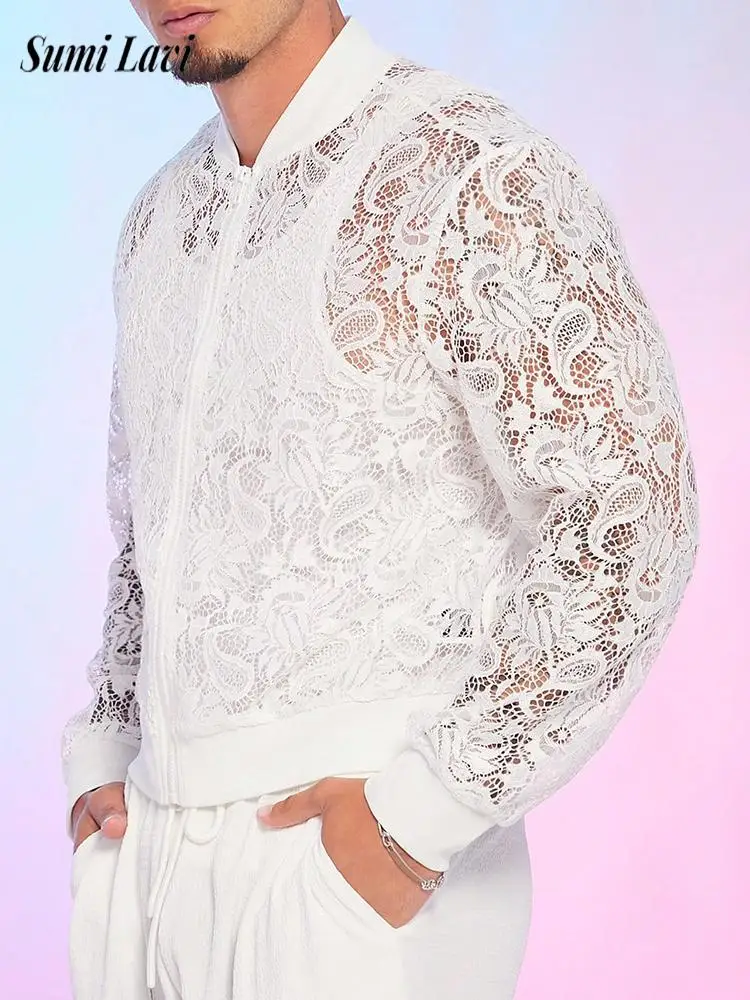 

Уличная винтажная мужская кружевная рубашка с вышивкой, сетчатые рубашки на молнии с длинными рукавами, мужские весенне-осенние сексуальные прозрачные рубашки-кардиганы