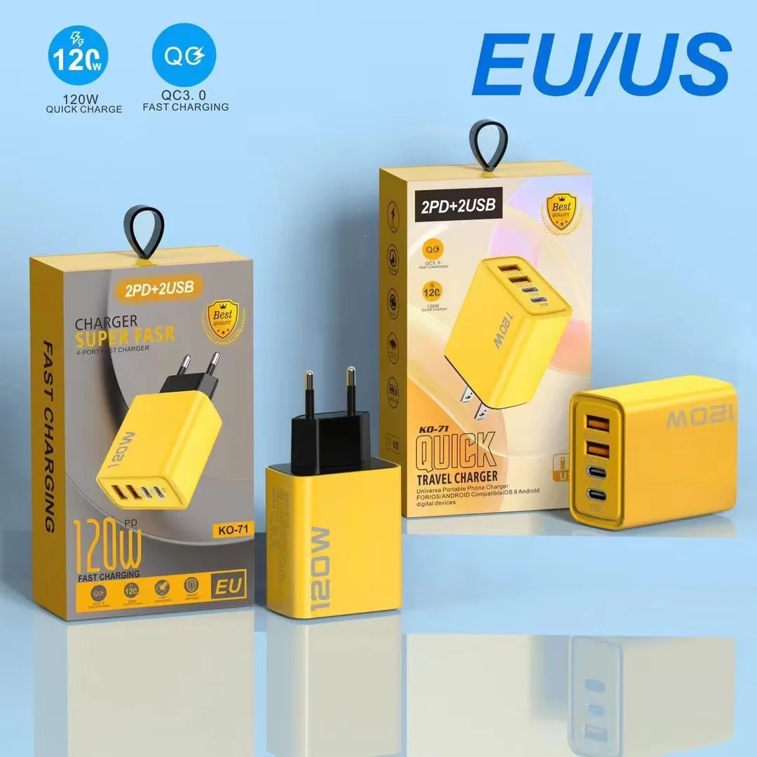 120W 4 Ports Fast Charging Block 2 QC3.0 USB A + 2 PD Type C Multi Port Wall Charger EU UK US Plug For Phone Laptop Adapter