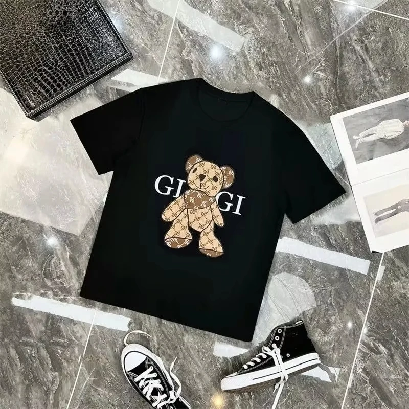 2026 New High-end Light Luxury Cotton Bear Graphic Print High-quality Men's and Women's T-Shirts Round Neck Loose Short Sleeves