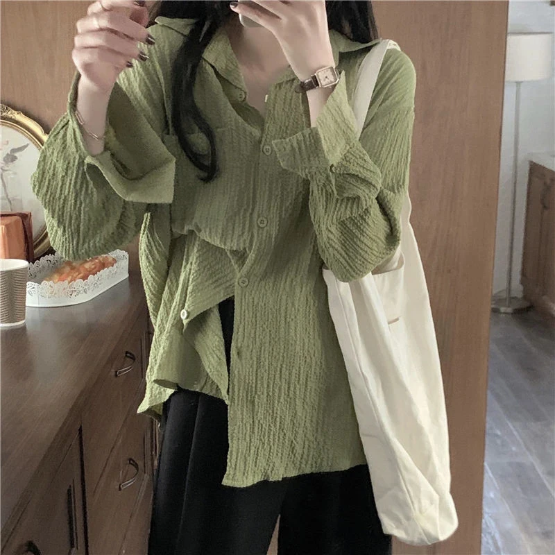 Harajuku Women Blouses Korean Oversized Solid Pleated Shirts Vintage White Green Basic Long Sleeve Casual Sunscreen Cardigan Top