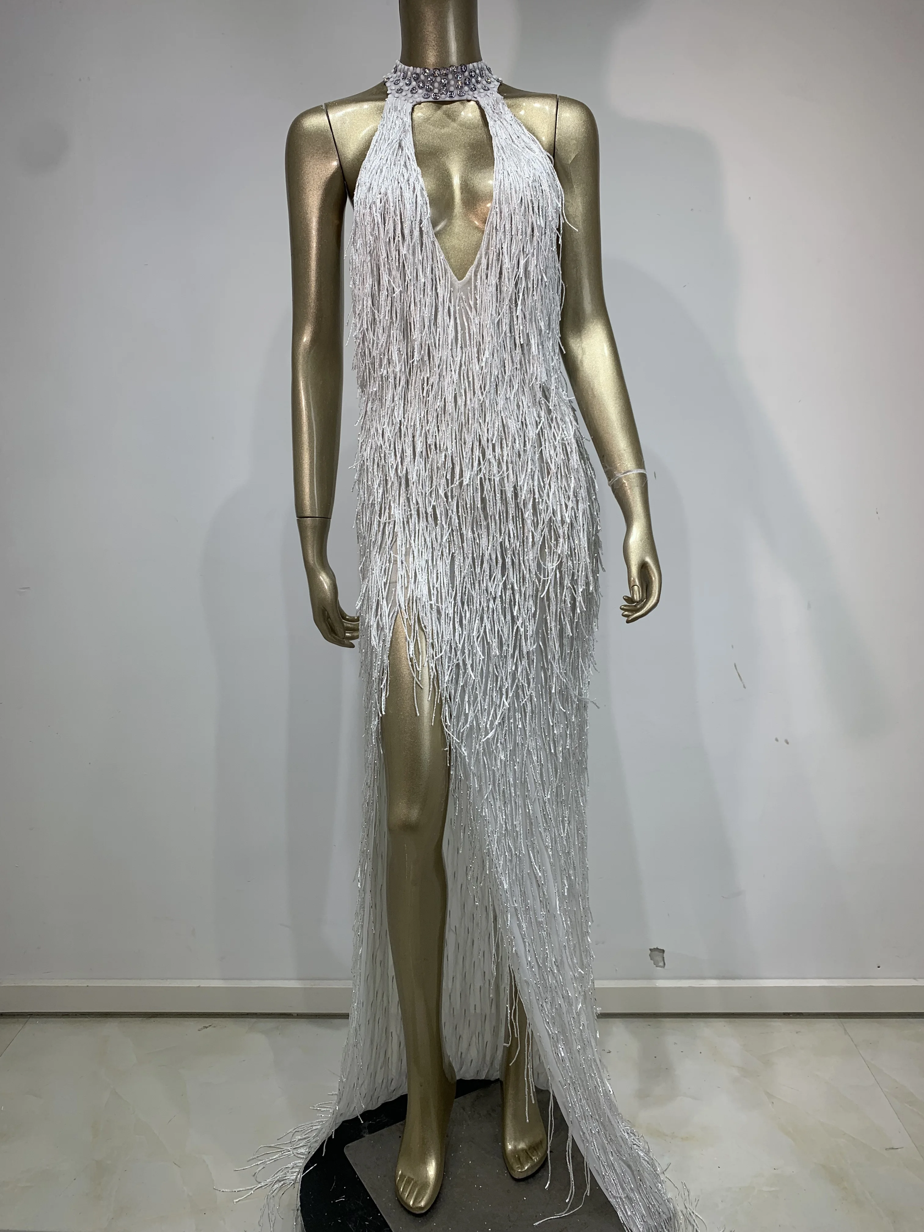 สต็อกผู้หญิงคริสตัลเงาพู่หรูหราชุดยาวเซ็กซี่ Hollow Out Elegant ชุดราตรีชุดราตรีวันเกิด Party เครื่องแต่งกาย