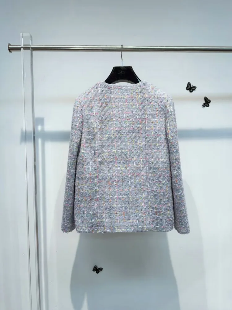 Autumn Work Ladies O Neck Tweed Jacket Women Wool Cardigan Jackets Fashion Long Sleeve Single Breasted Multi-Pocket Outerwear