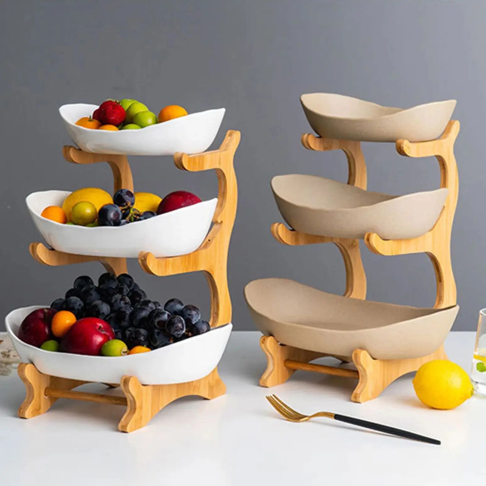 3 Layer Multi-layer Ceramic Fruit Plate Bamboo Wooden Frame Household Basket Bowl Holder Vegetables Storage Kitchen Organizer