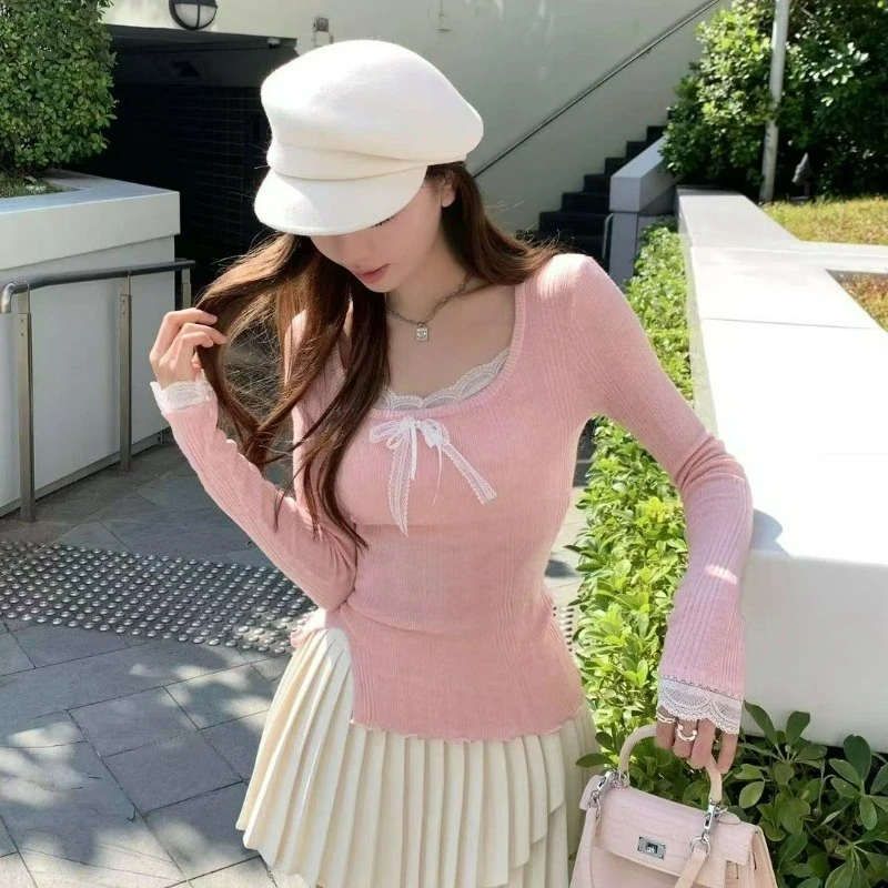 

Stylish and Comfortable Square Neck Lace Splicing Knitted Sweater Women's Inner Fit Autumn New Slim Versatile Bottoming Top