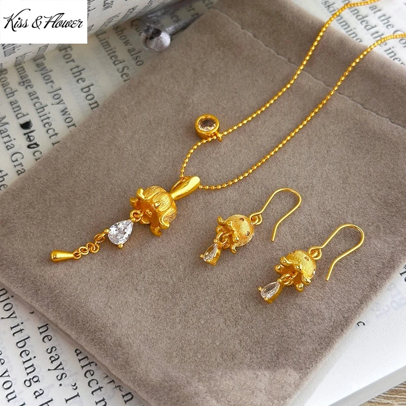 

KISS&FLOWER 24KT Gold Lily of the Valley Necklace+Earrings For Women Wedding Party Birthday Christmas Bride Mother Gifts JS110