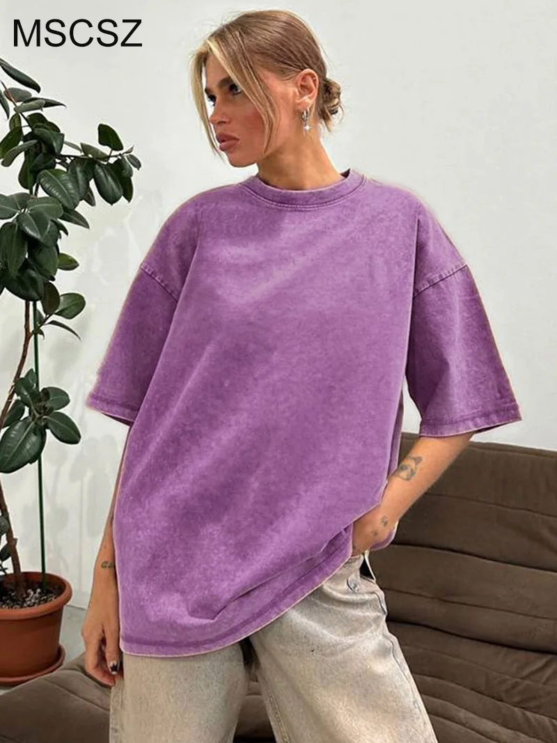 

MSCSZ Fashion Washed Oversized T shirts Woman O-Neck Short Sleeve 100% Cotton T-shirt Y2K Distressed T shirt