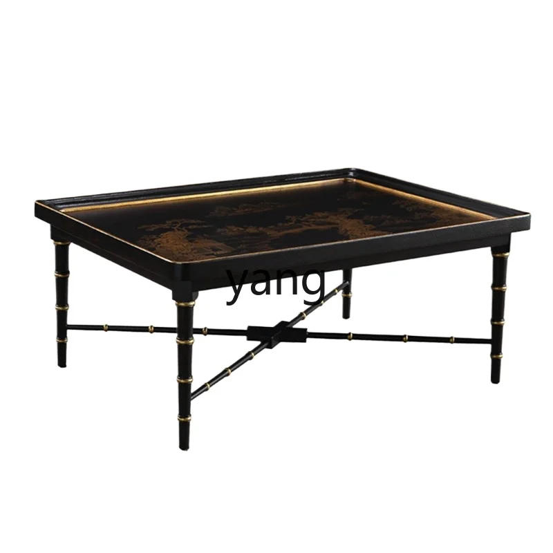 

LXL Luxury New Chinese Style Tea Table Hand Painted Pavilion Pavilion Black Bamboo Shape Tray Long End Table