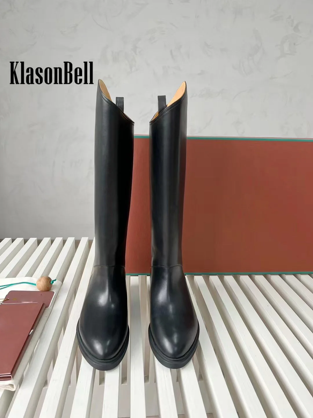 9.20 KlasonBell-Women Genuine Leather Over-the-Knee Boots Fashion All-matches Pointed Toe Diagonal Flat Sole Boots