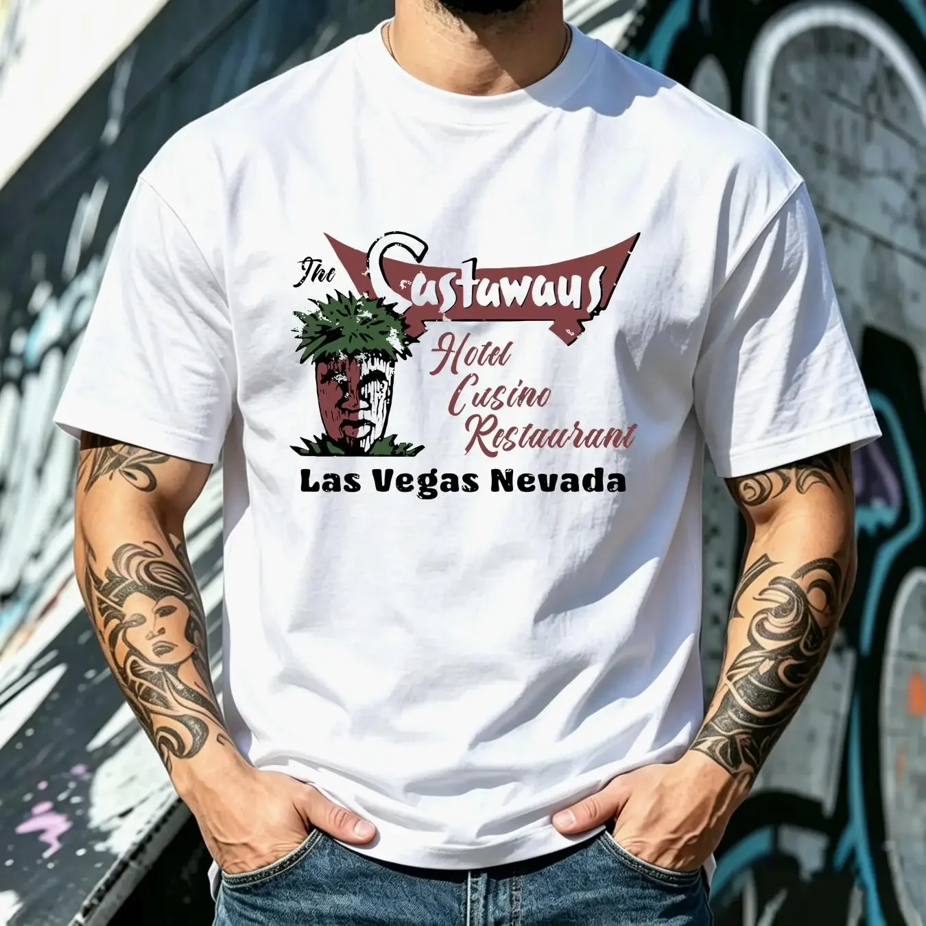 washed T Shirt Retro Tiki tee Bar Restaurant Mug Polynesian Castaways Las Vegas Hotel long or short sleeves vintage Washed