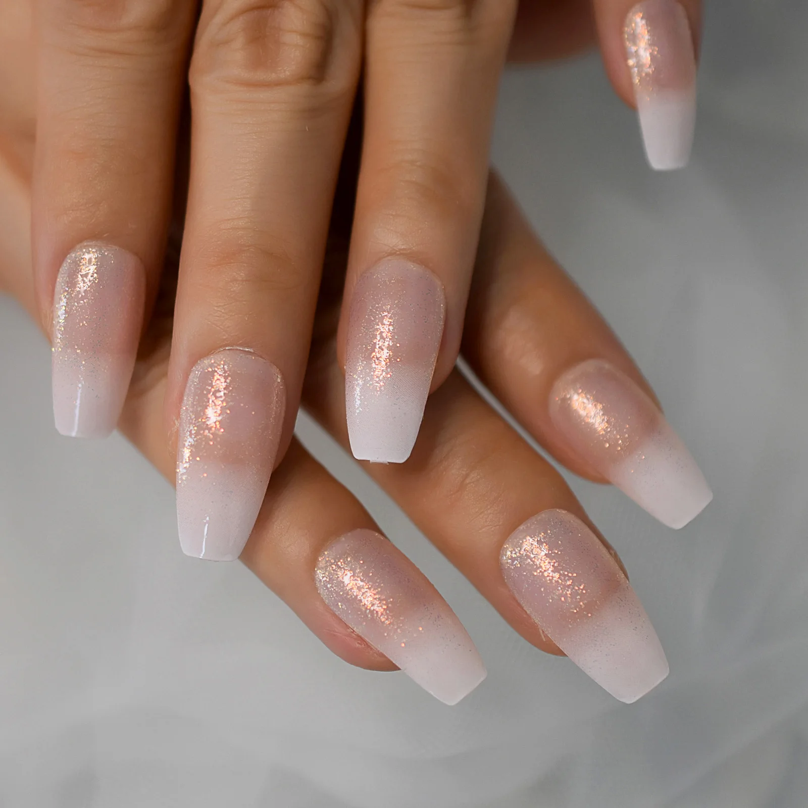 Ombre White French Press on False Nails Long Ballerina Coffin Popular Shimmer Glitter Glossy Fake Fingersnails Extention Tool