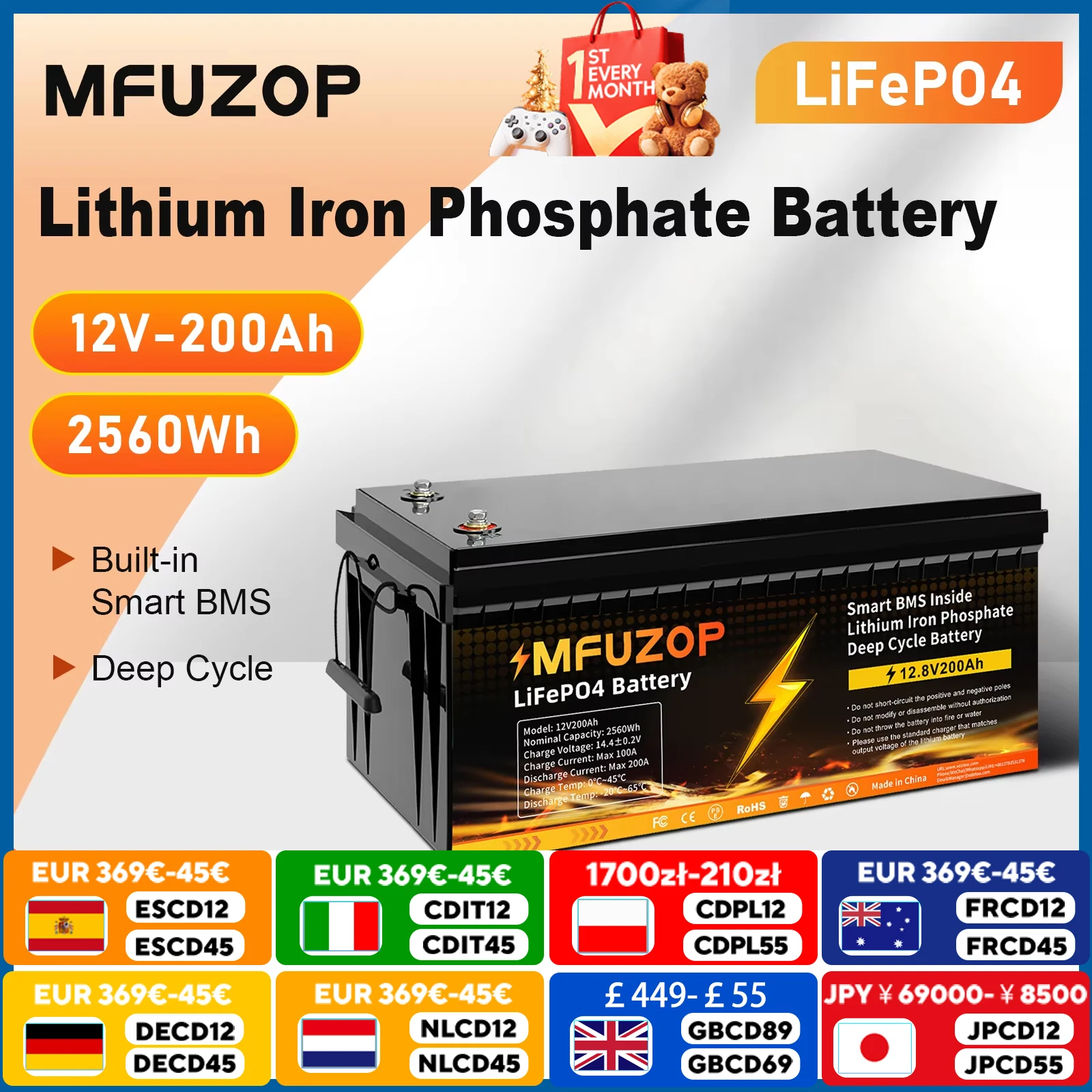 

DATOUBOSS LiFePO4 12V200AH Lithium Iron Phosphate Battery Nominal Capacity 2560W BMS Rechargeable Deep Cycle Solar Power System