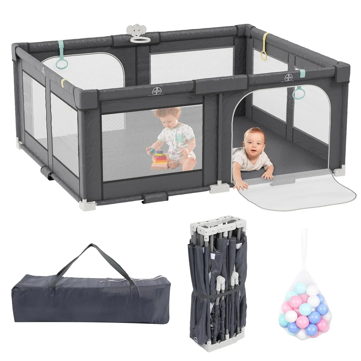 Potable Baby Play Yard with Carry Bag, Baby Gate Playpen with Anti-Slip Suckers & Zipper Gates, Baby Fence Play Area