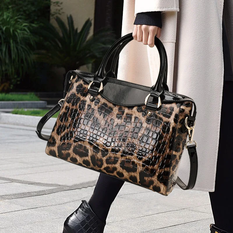 Aidrani Classic Leopard Pattern Cowhide Handbag, Large Capacity Women Purse, One Shoulder & Crossbody Bag