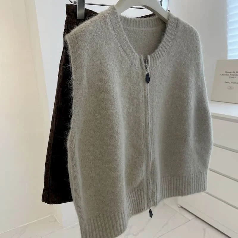 

Knitted Vest Spring Zipper Design Soft and Fluffy Casual Korean Style Cardigans Loose Sleeveless Cropped Coats Women Clothing