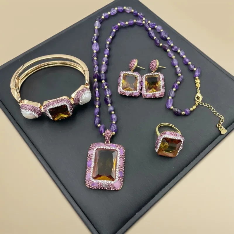 Модное новое суданское светочувствительное ожерелье с камнем, аметистом, серьги ручной работы, кольцо, женский комплект ювелирных изделий