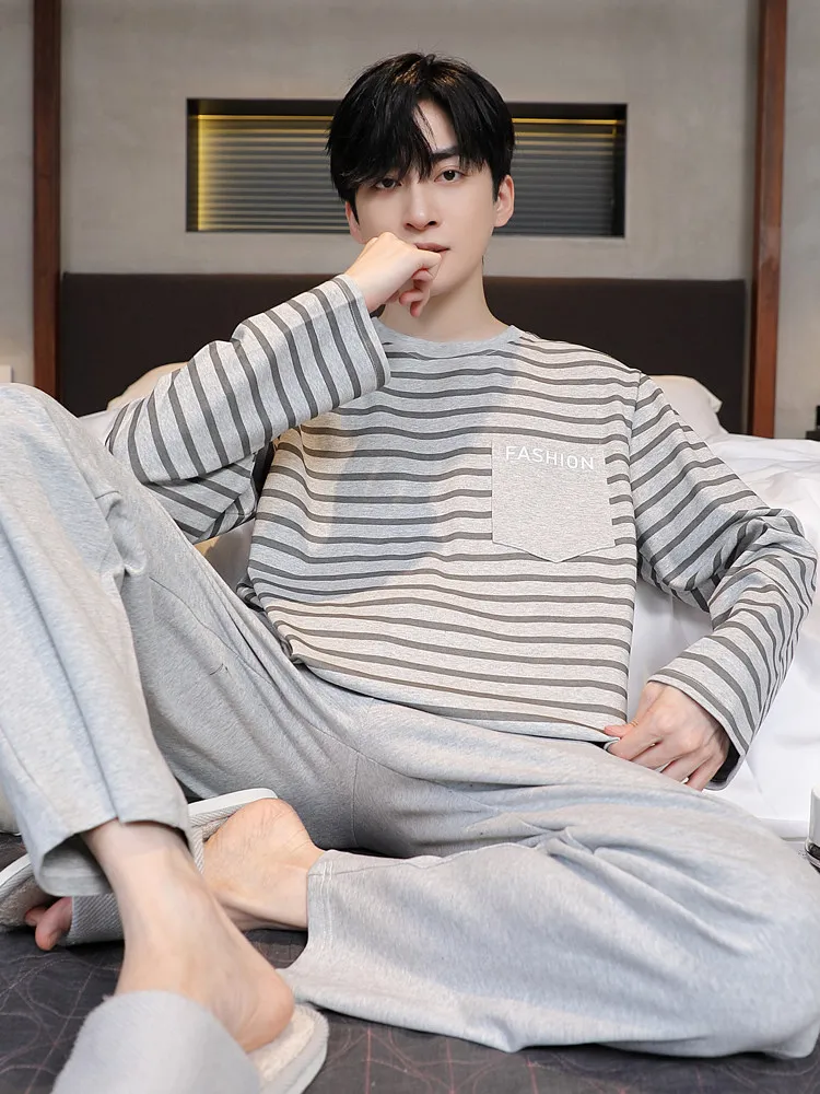 Spring and Autumn Men's Round Neck Cartoon Letter Thin Khaki Gray Blue Long Sleeve Long Pants Homewear Two-Piece Set