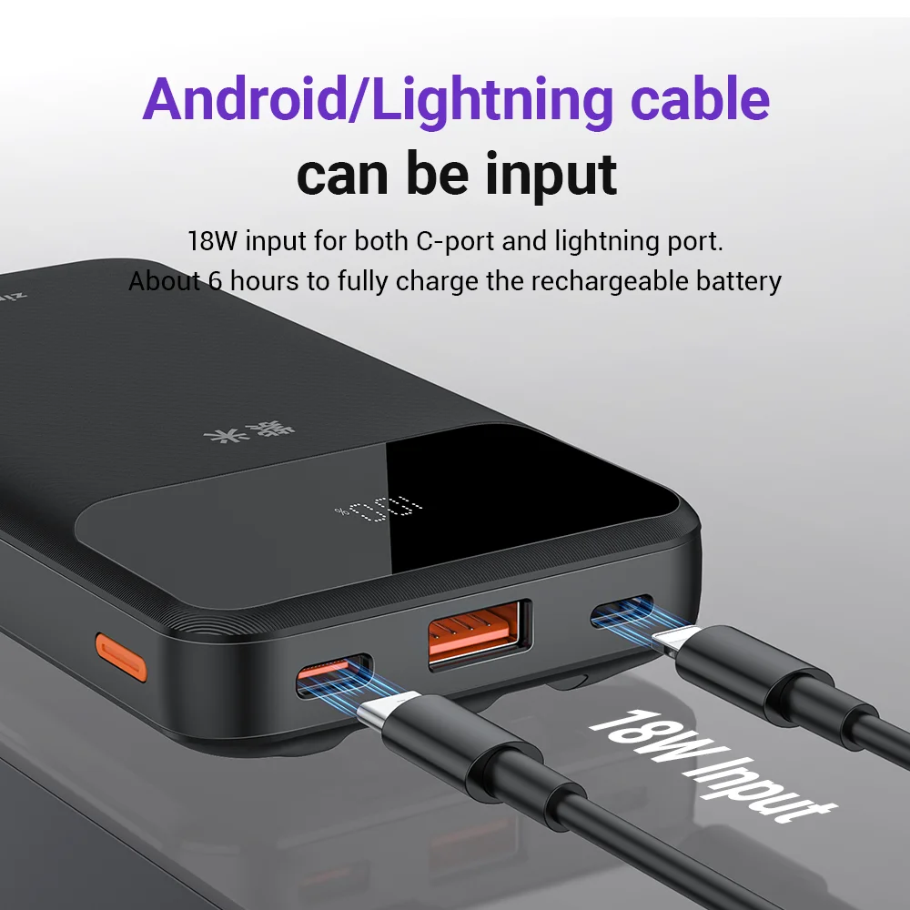 Banco de Energia Portátil com Cabo Integrado, Display Digital, Capacidade da Bateria, Zime, 20000mAh, 22,5 W, Compatível com iPhone 15, 14, 13 Pro