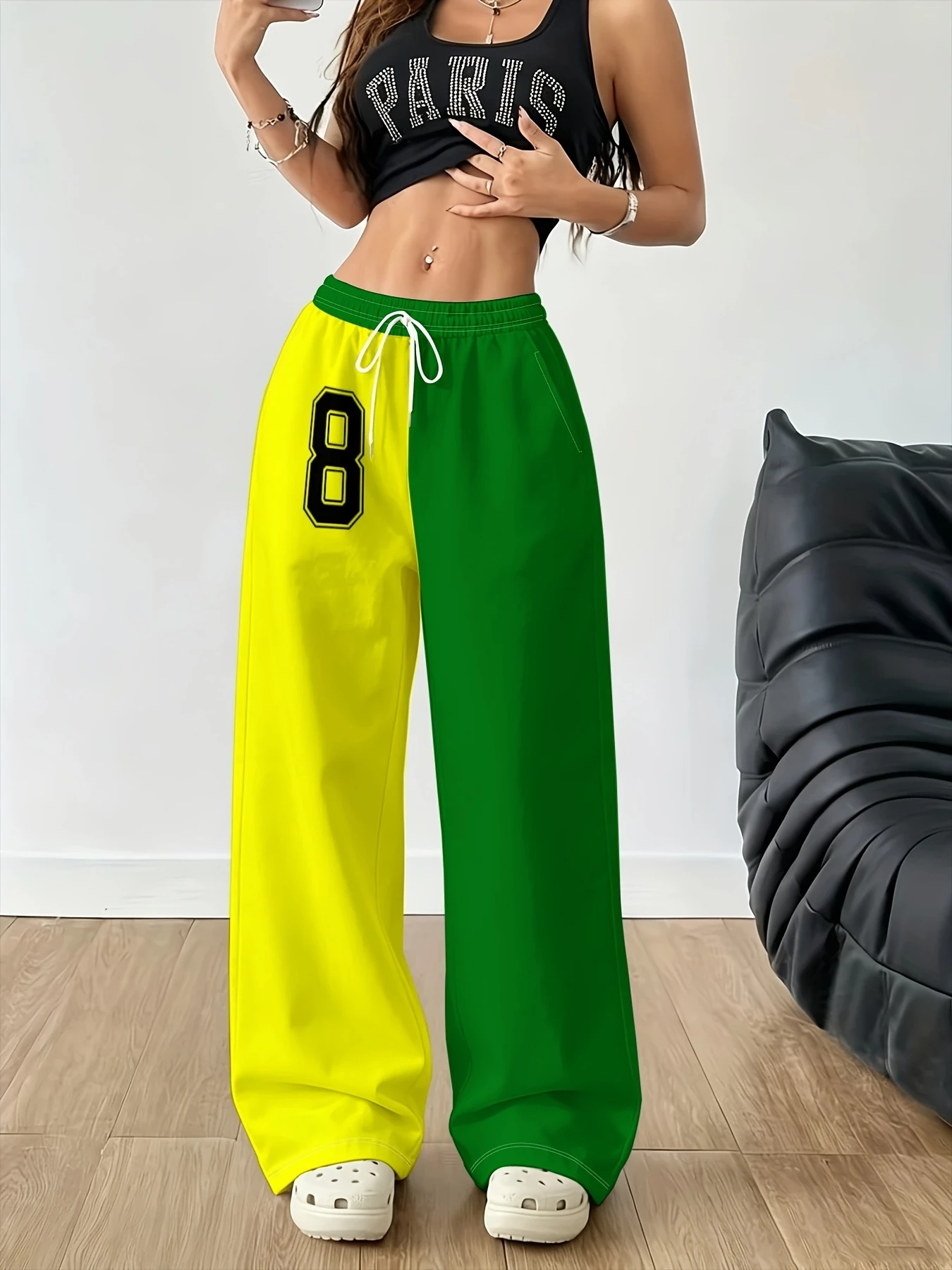 Unisex Yellow Green Contrast Digital Printed Wide Leg Pants Hip Hop Street Style Elastic High Waist Loose Sports Pants