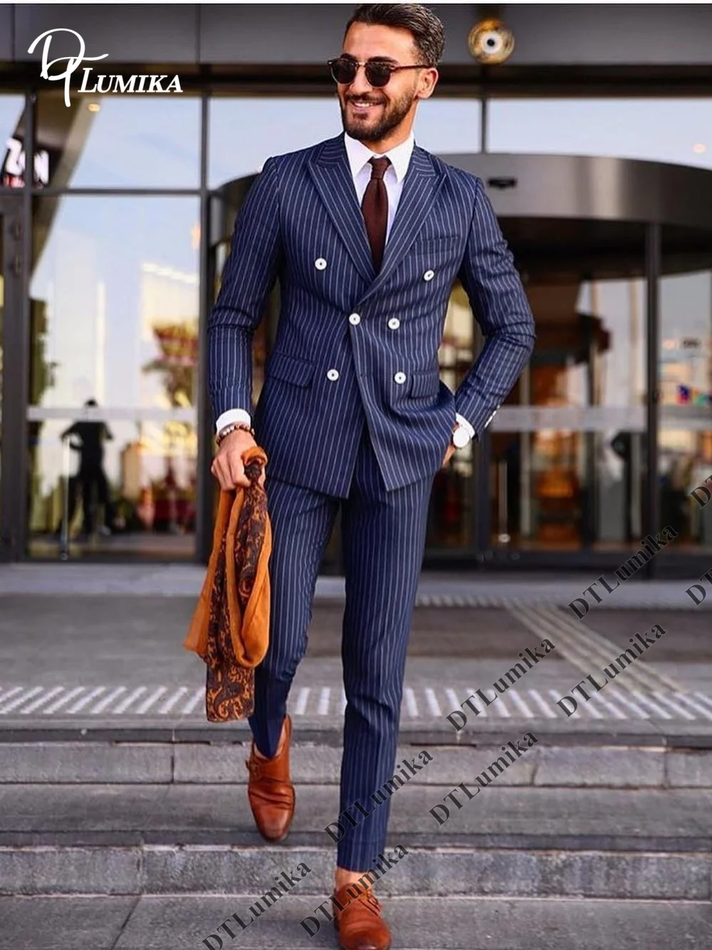 DTLumika Striped Two-Pieces Suit for Men, Business Suit Set, Double Breasted Slim Fitting Interview Meeting Suit Jacket Pants