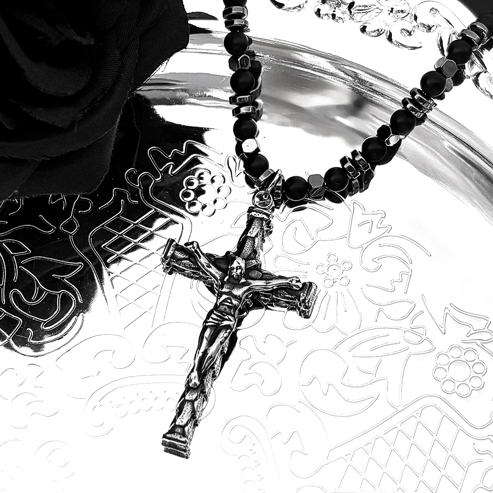 

Retro Jesus Cross Crucifix Pendant Necklace for Women Men Stainless Steel Gun Black Christian Hematite Chain Amulet Jewelry Gift