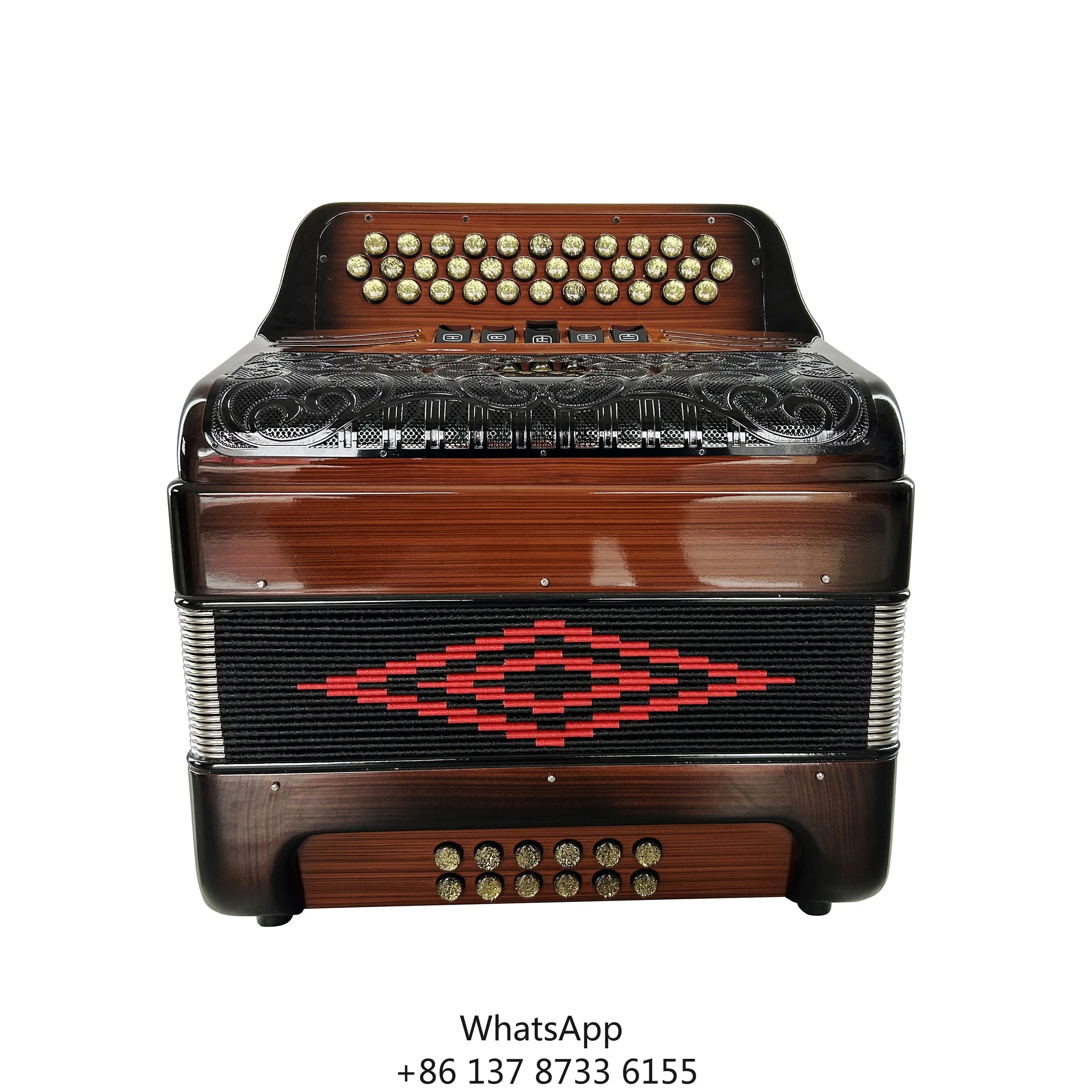 Professional 34-Button 12-Bass 5-Register Accordion Instrument JB3412D Wood Flame Body Black Grill Gold Buttons