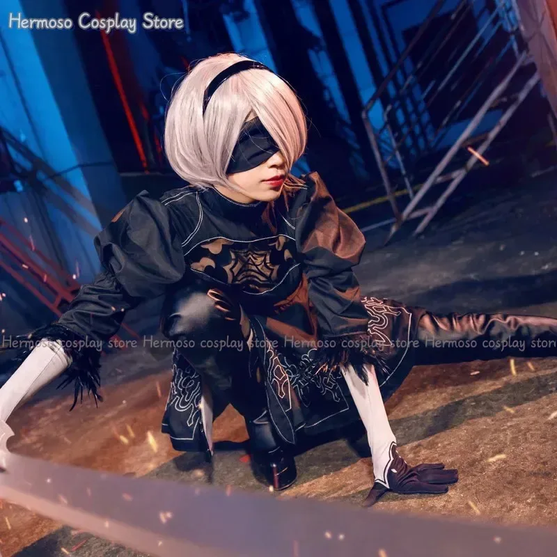 Nier Automata Cosplay Costume Women Girls Yorha 2B Dark Gothic Outfit Wig Disguise Costume Plus Size Fancy Party Black Dress