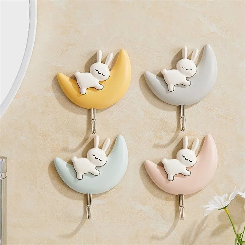 2PCS Cartoon Moon Rabbit Self-adhesive Hooks Bedroom Bathroom Water Proof Punch-free Wall Hanging Cute Bunny Wall Hanging Hooks