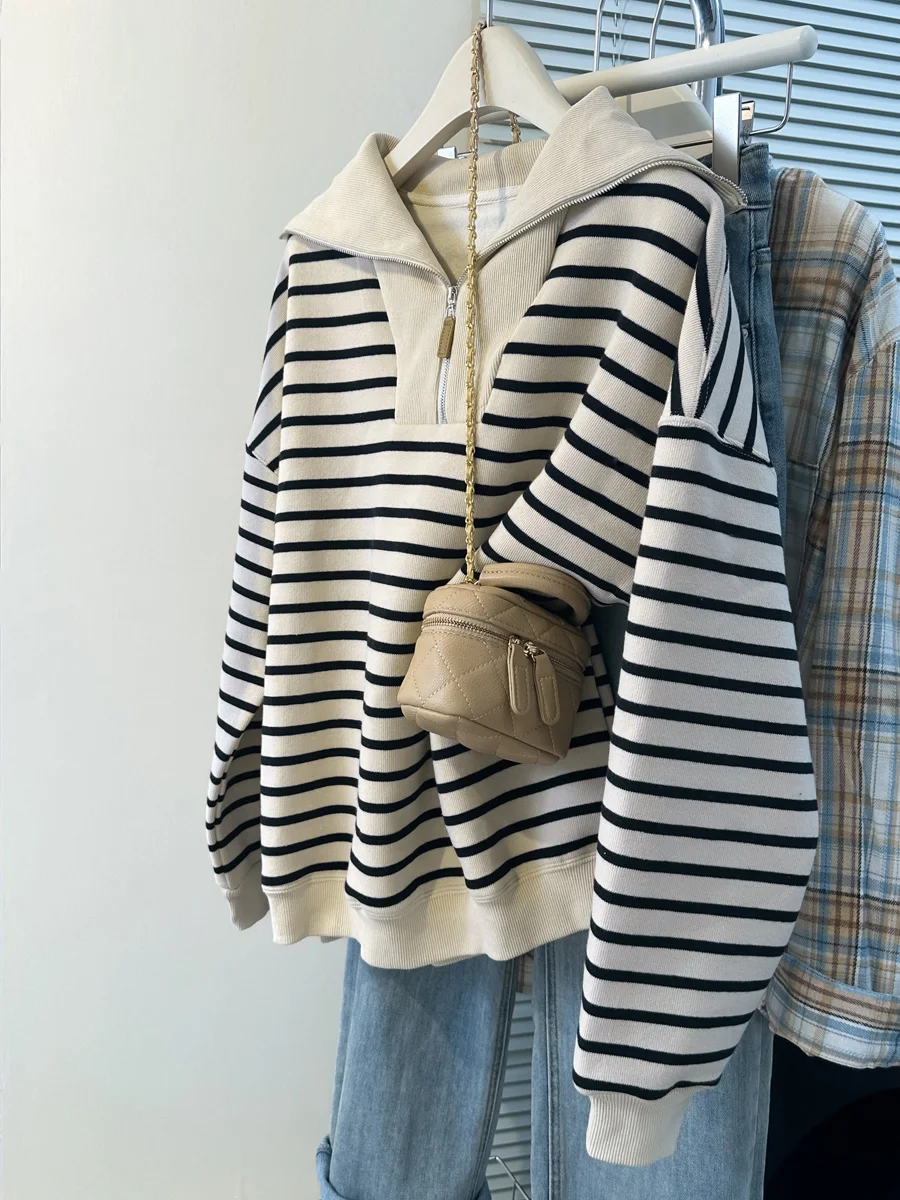 

Women's Oversized Fce Lined Collar Hoodie Thiened Spring Autumn Winter Korean Sle Striped Jaet Casual Wear