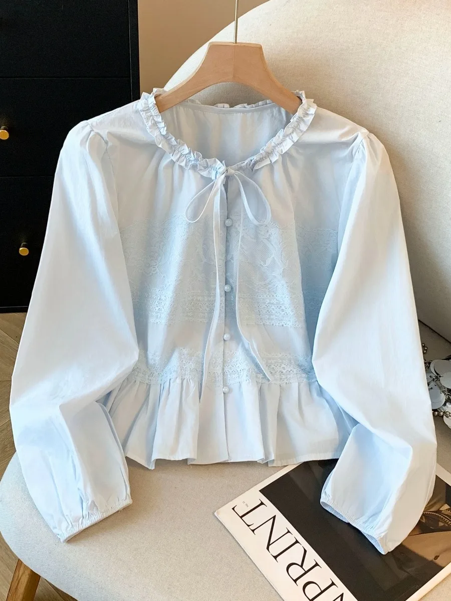 

Синяя женская блузка с длинным рукавом на шнуровке, новинка весенней коллекции, уникальный короткий топ из чистого хлопка с цветочным узором Ciwalk