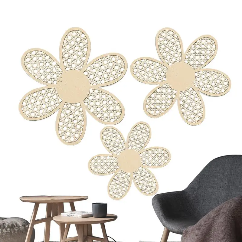 Boho Daisy Decor 3pcs Aesthetic Wooden Flower Wall Floating Pendant Wooden Rattan Woven Flower Ornaments Baby Room living room